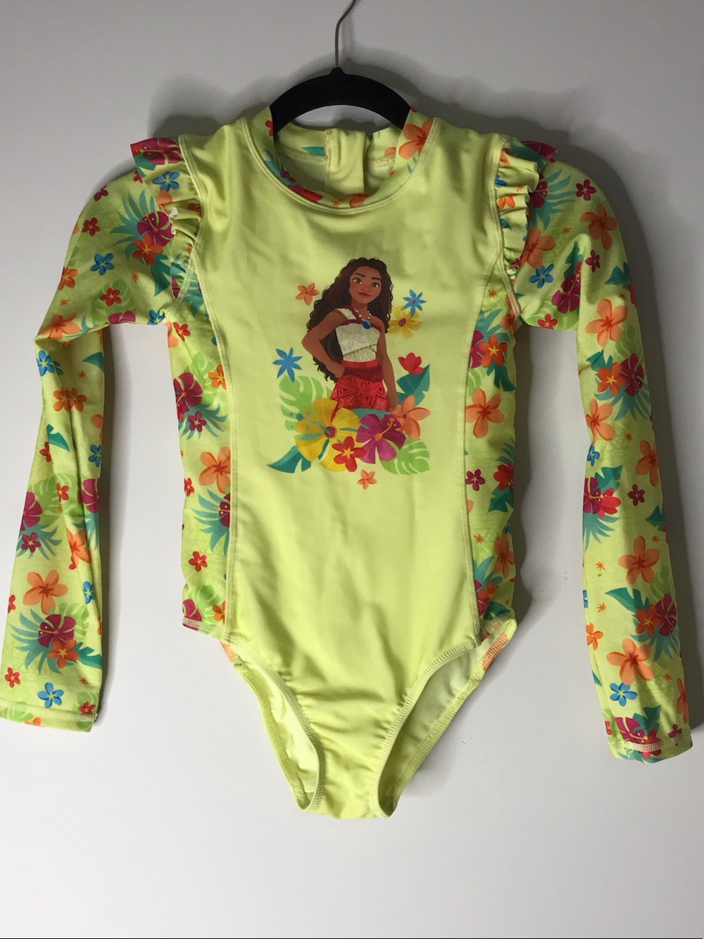 Disney Yellow One-Piece Moana Swim Suit with Floral Sleeves Size 9/10